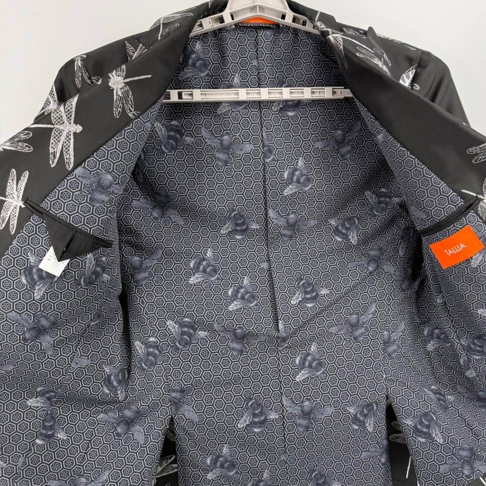 TALLIA Dragonfly Print Blazer Dinner Jacket Mens 40S Black Silver Festive - Picture 3 of 13